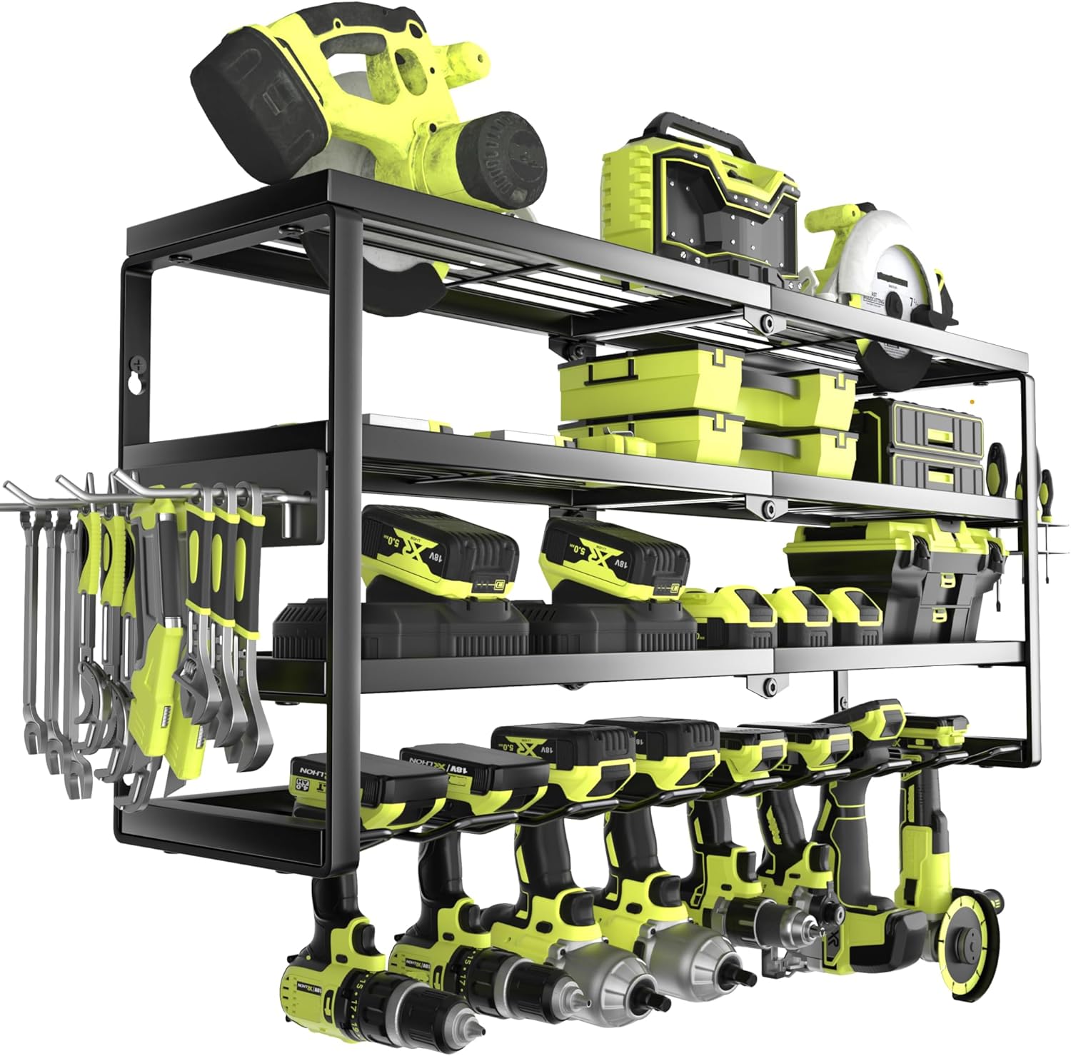Power Tools Storage - ที่แขวนเครื่องมือไฟฟ้าแบบติดผนัง 4 ชั้น พร้อมแท่นชาร์จ, ที่เก็บแบตเตอรี่และที่ยึดสว่านไร้สายสำหรับงานหนัก สำหรับโรงรถ