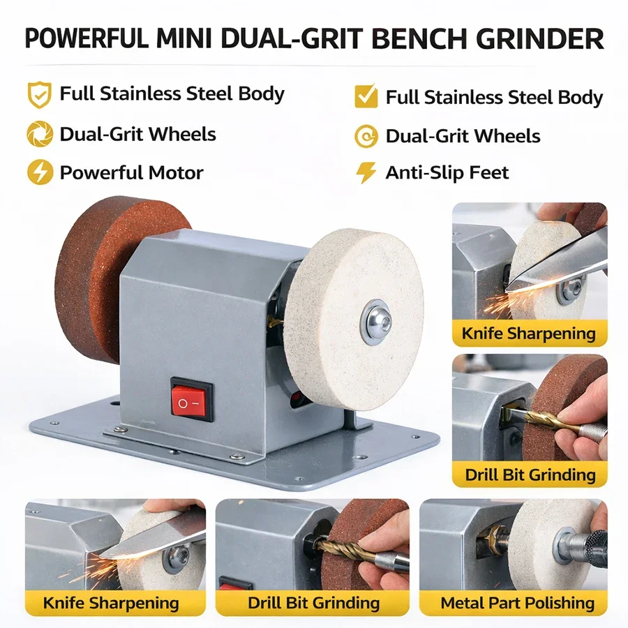 Power Tools Usa - เครื่องเจียรไฟฟ้าขนาดเล็ก, ตัวเครื่องสแตนเลส, ล้อหยาบและละเอียด, เครื่องมืออเนกประสงค์สำหรับงานเจียร